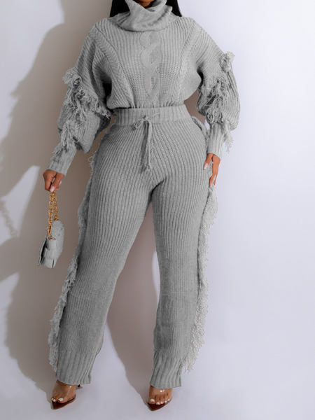 Women's Turtleneck Knit Long Sleeve Tassel Top and Pants 2-Pc Set