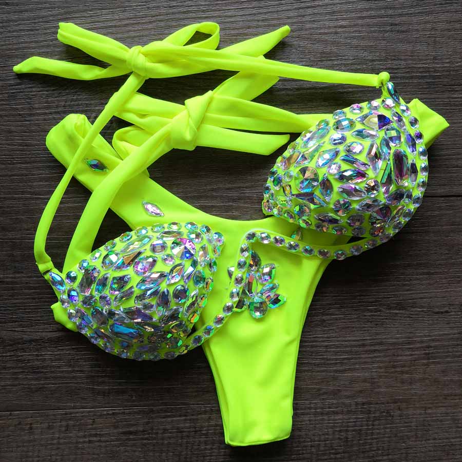 Sexy Halter Crystal Swimwear Women Push Up Bikinis Rhinestone Diamond Luxury Women
