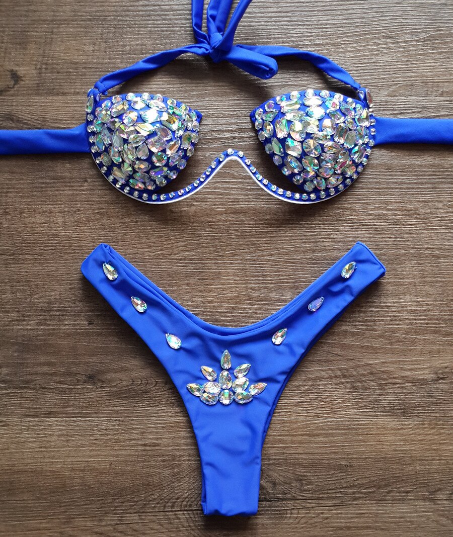 Sexy Halter Crystal Swimwear Women Push Up Bikinis Rhinestone Diamond Luxury Women
