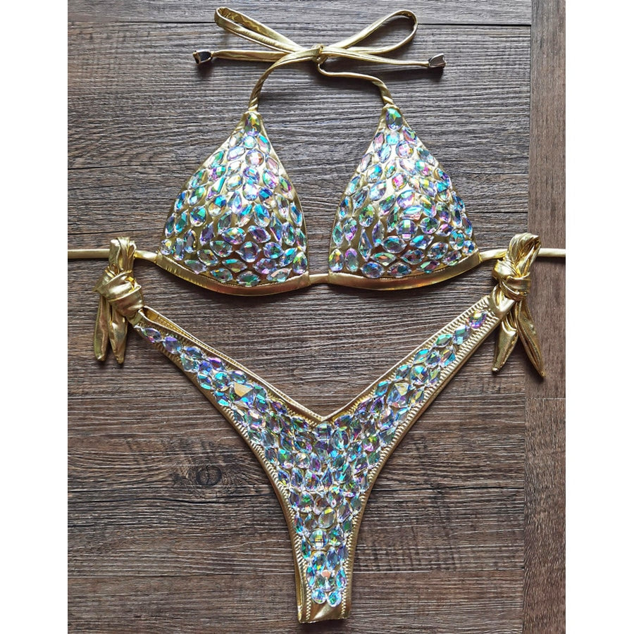 Sexy Halter Crystal Swimwear Women Push Up Bikinis Rhinestone Diamond Luxury Women