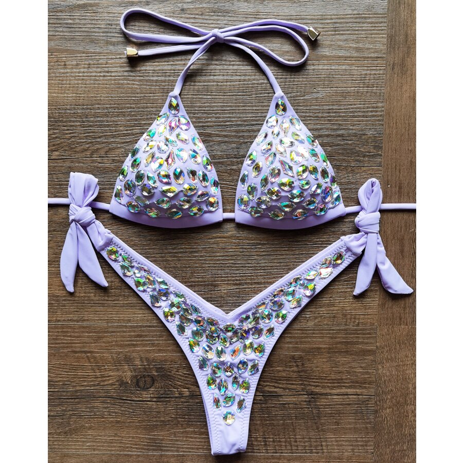 Sexy Halter Crystal Swimwear Women Push Up Bikinis Rhinestone Diamond Luxury Women