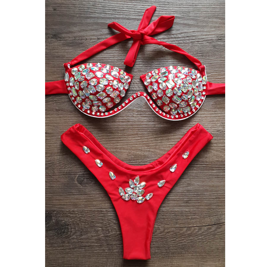 Sexy Halter Crystal Swimwear Women Push Up Bikinis Rhinestone Diamond Luxury Women