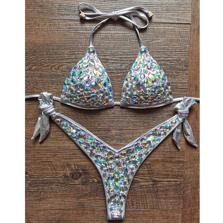 Sexy Halter Crystal Swimwear Women Push Up Bikinis Rhinestone Diamond Luxury Women
