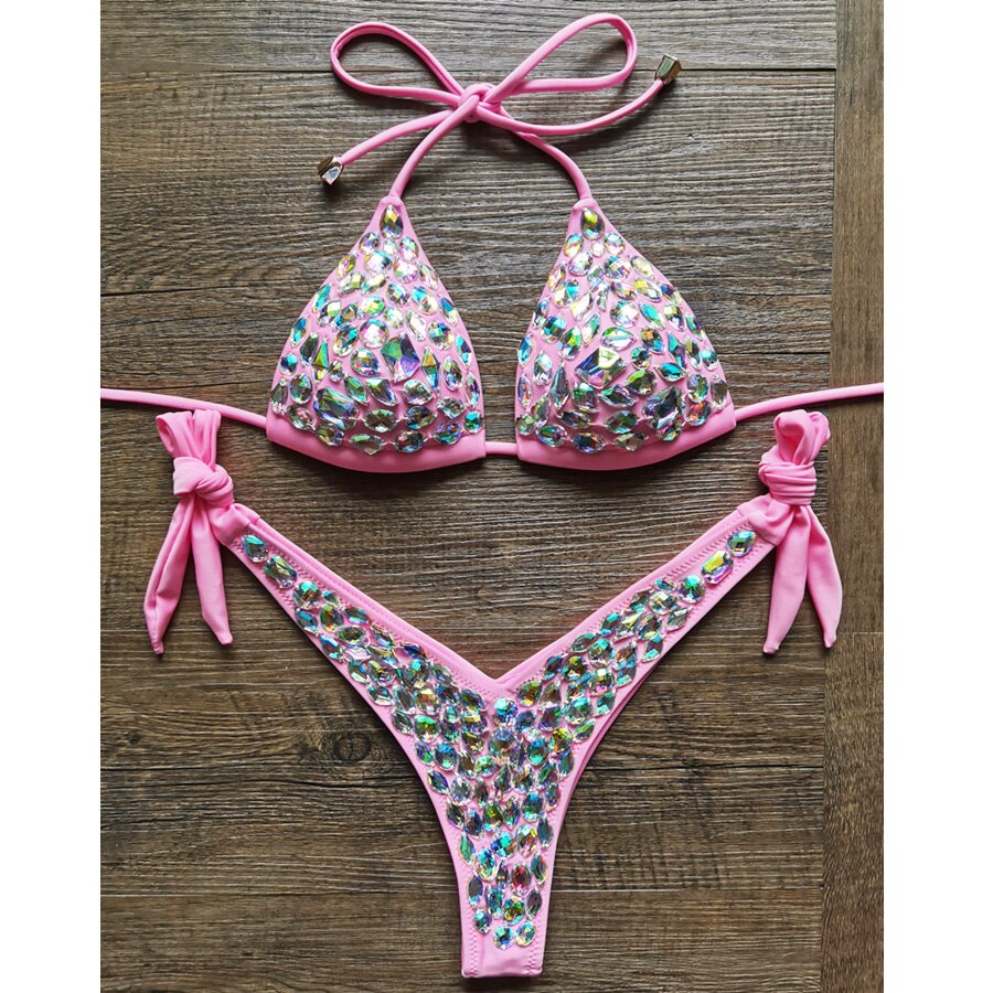 Sexy Halter Crystal Swimwear Women Push Up Bikinis Rhinestone Diamond Luxury Women