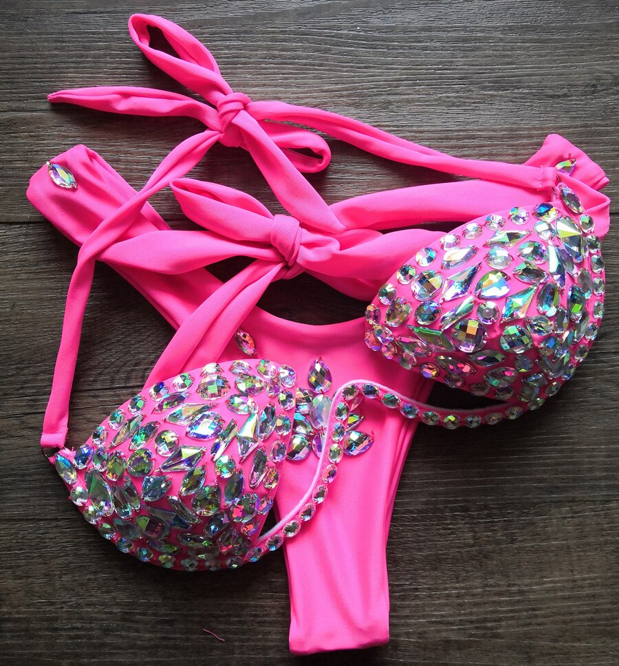 Sexy Halter Crystal Swimwear Women Push Up Bikinis Rhinestone Diamond Luxury Women