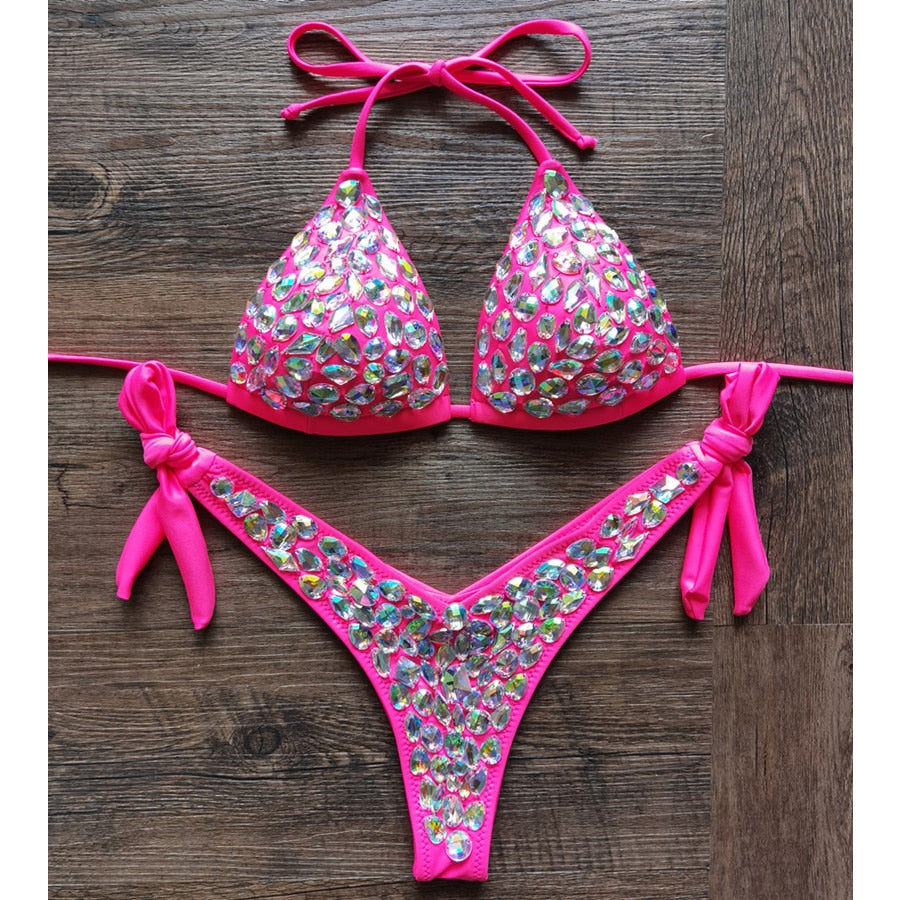 Sexy Halter Crystal Swimwear Women Push Up Bikinis Rhinestone Diamond Luxury Women