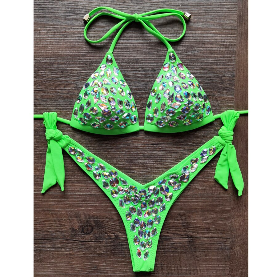 Sexy Halter Crystal Swimwear Women Push Up Bikinis Rhinestone Diamond Luxury Women
