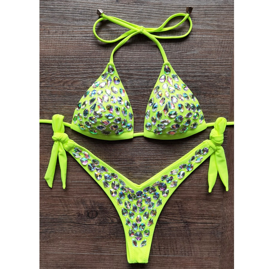 Sexy Halter Crystal Swimwear Women Push Up Bikinis Rhinestone Diamond Luxury Women