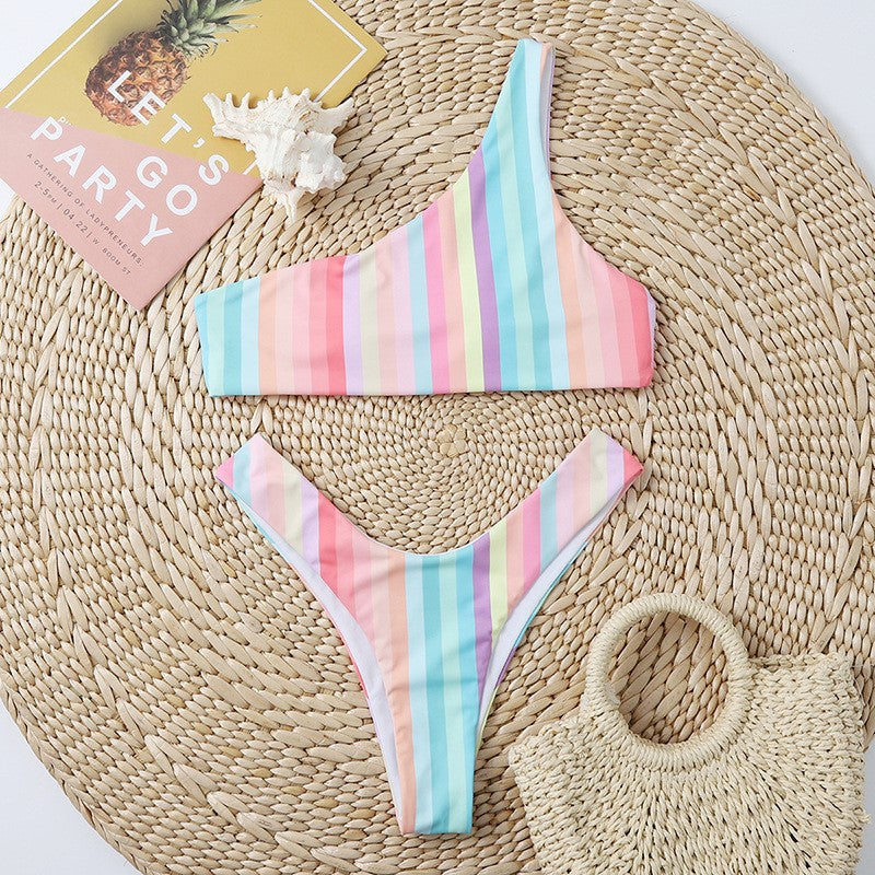 Colorful Striped Two-Piece Swimsuit with Chest Pad Bikini High Waist Swimsuit