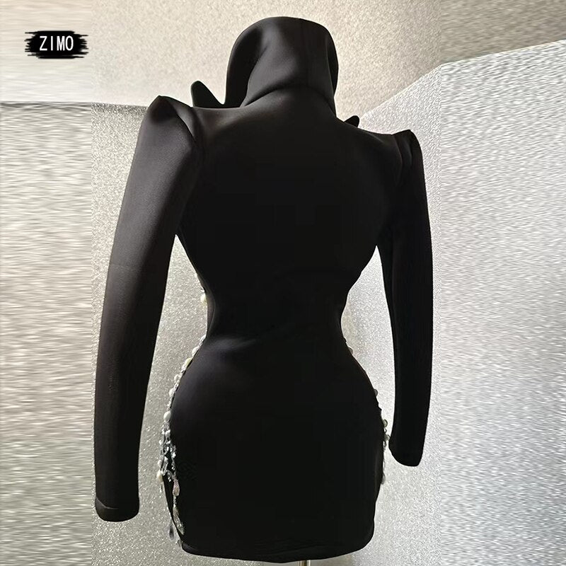 Fashion crystal rhinestone dress deep v neck sparkle black