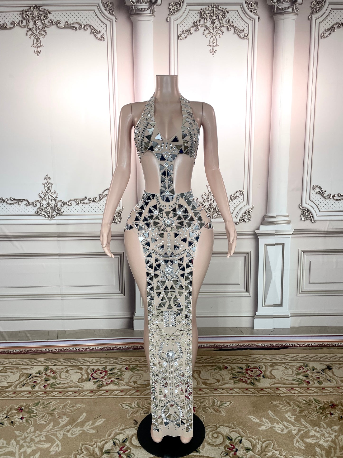 Stage Sparkly Silver Mirror Rhinestone Dress