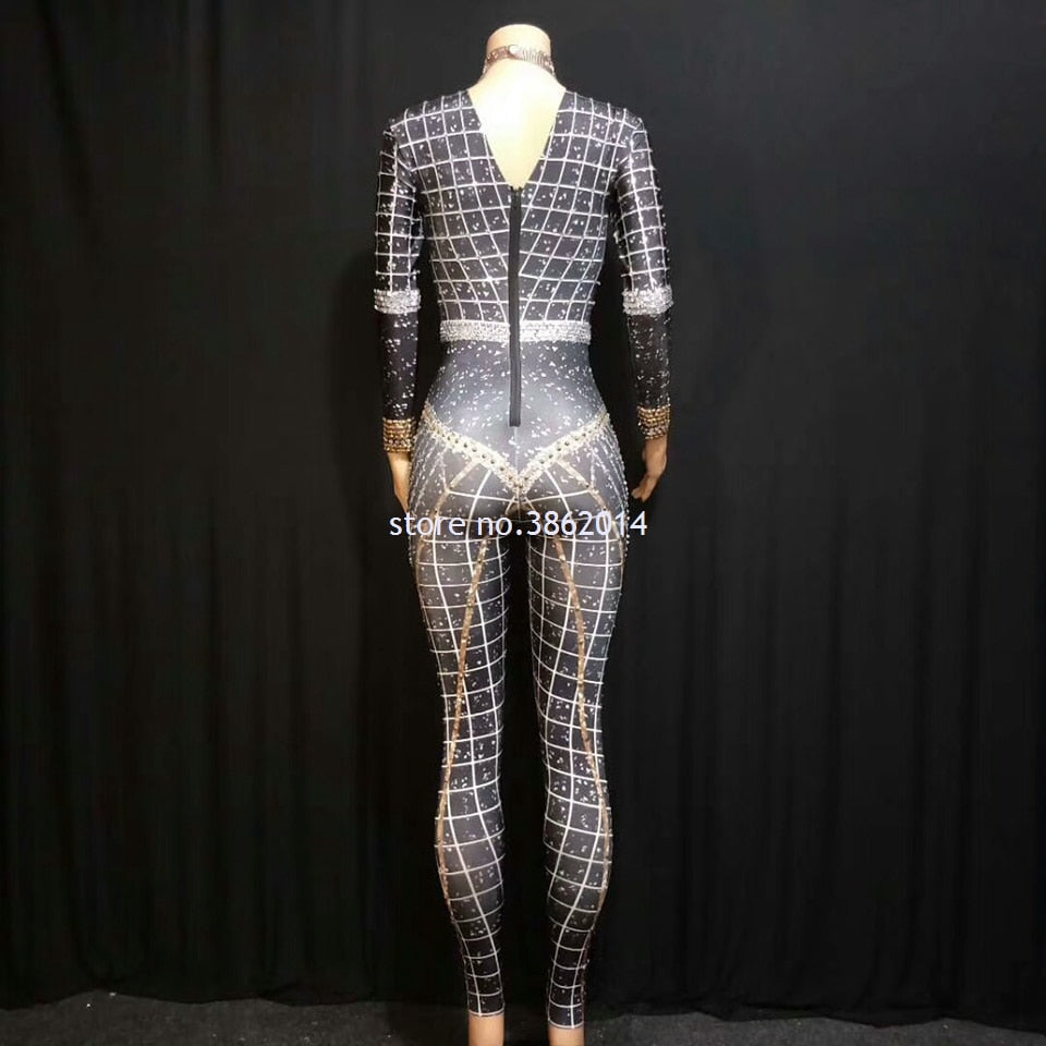 Sparkly Rhinestones Jumpsuit Women Long Sleeve Spandex