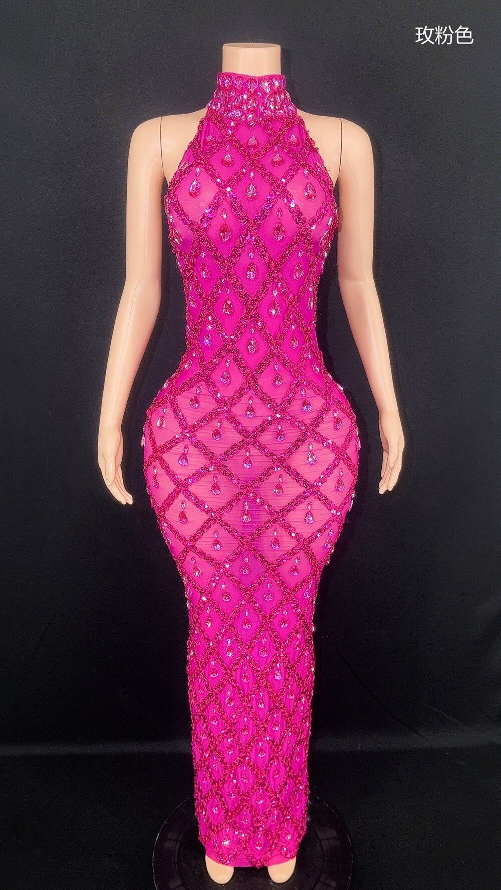 Sparkly Sequins Rhinestones Sleeveless Dress Sexy Mesh Transparent