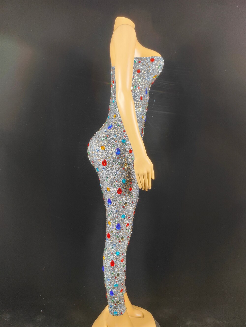 Rhinestones Jumpsuit long Sleeves Stretch Sexy Bodysuit