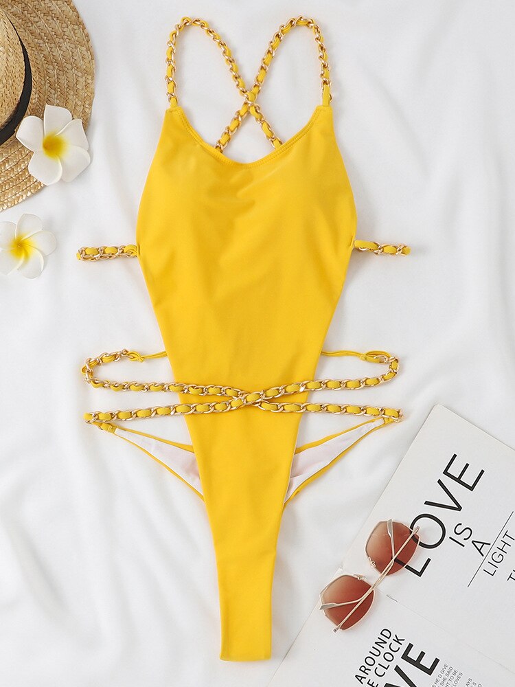 Chain One Piece Swimsuit Women Swimwear Backless Thong Brazilian