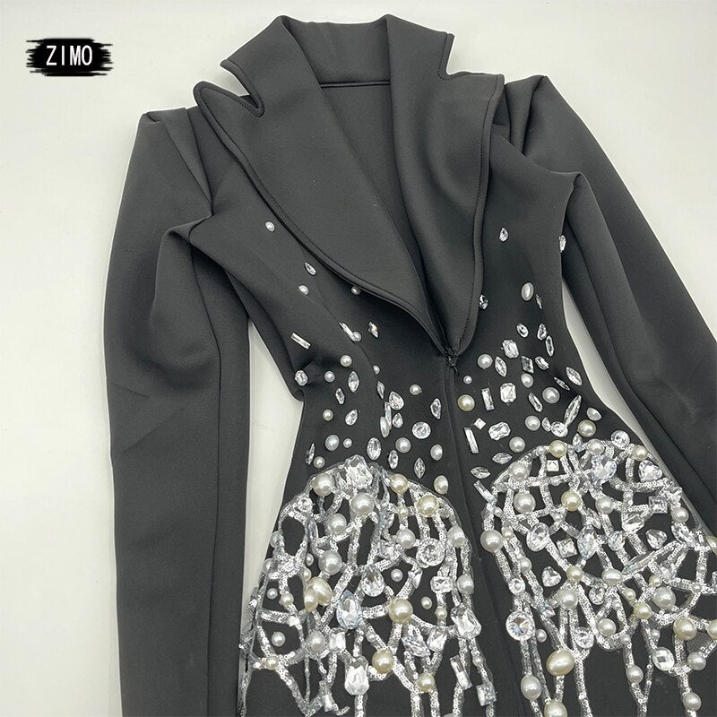 Fashion crystal rhinestone dress deep v neck sparkle black