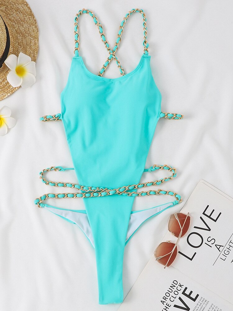 Chain One Piece Swimsuit Women Swimwear Backless Thong Brazilian