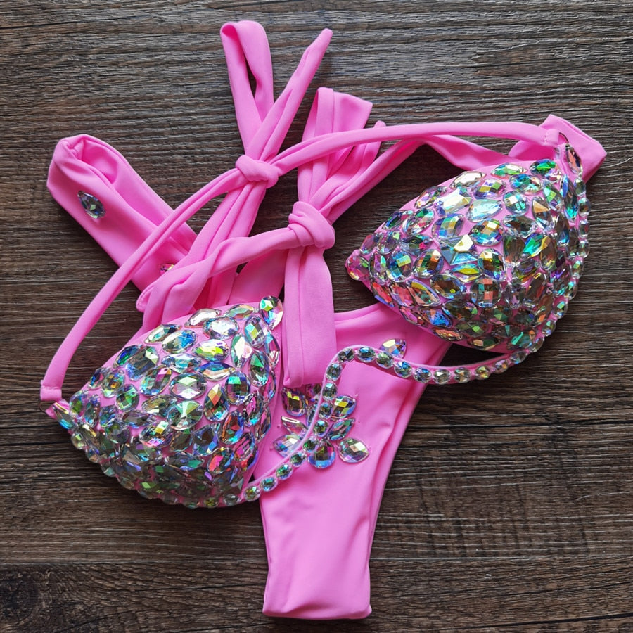 Sexy Halter Crystal Swimwear Women Push Up Bikinis Rhinestone Diamond Luxury Women