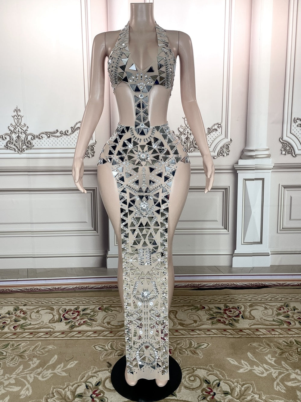 Sparkly Rhinestones Mirrors High Split Long Dress