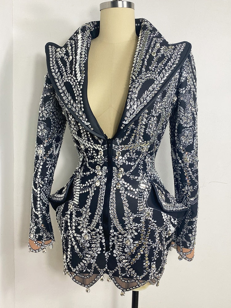 Fashion crystal rhinestone dress deep v neck sparkle black