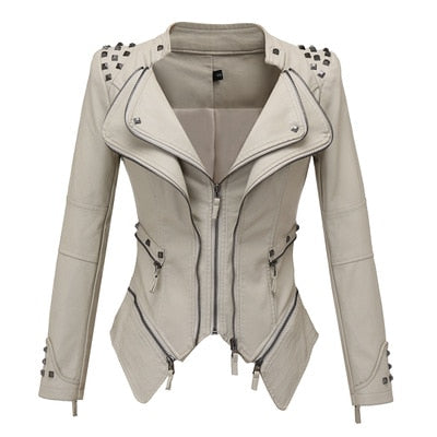 Women Smooth Motorcycle Faux Leather Jackets Long Sleeve
