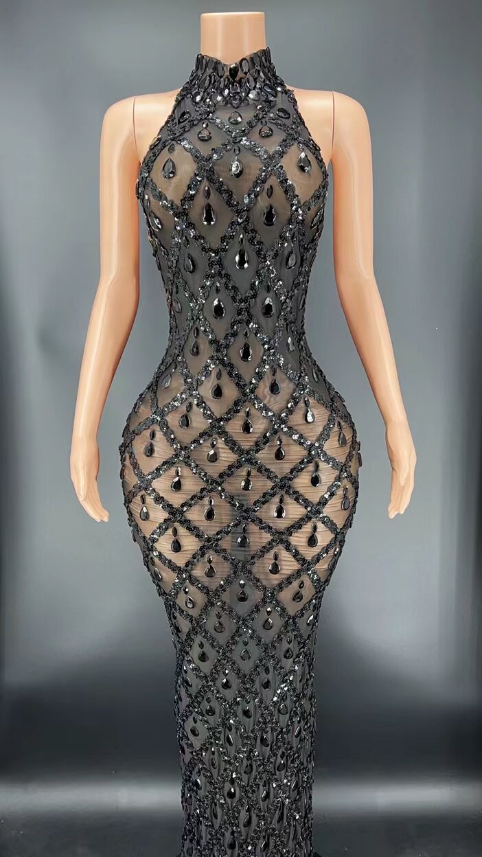 Sparkly Sequins Rhinestones Sleeveless Dress Sexy Mesh Transparent