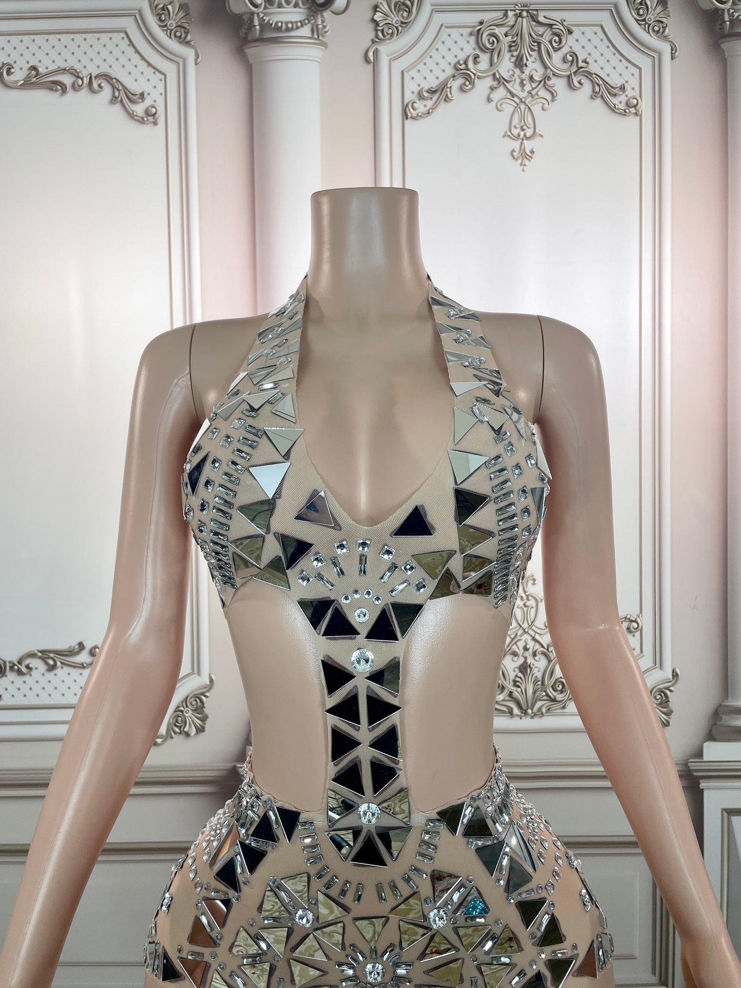 Stage Sparkly Silver Mirror Rhinestone Dress