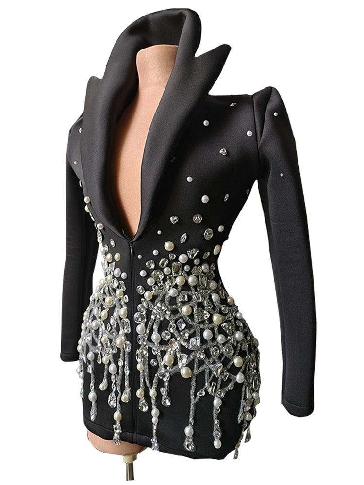 Fashion crystal rhinestone dress deep v neck sparkle black