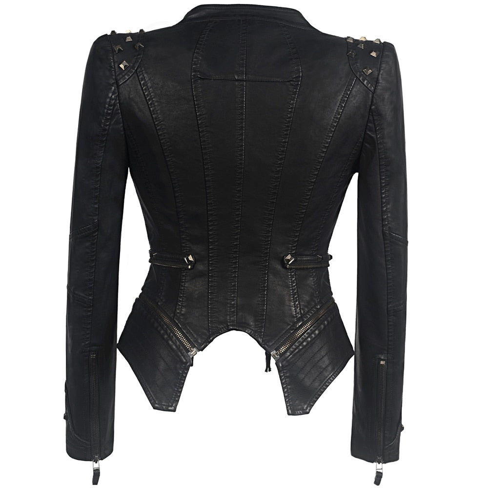 Women Smooth Motorcycle Faux Leather Jackets Long Sleeve