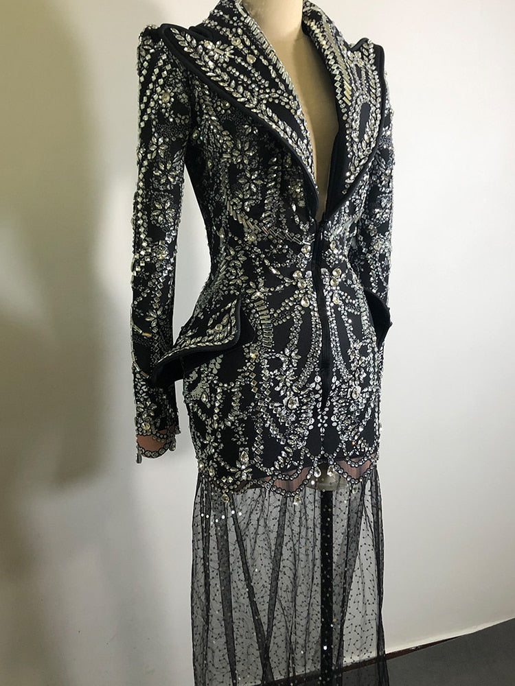 Fashion crystal rhinestone dress deep v neck sparkle black