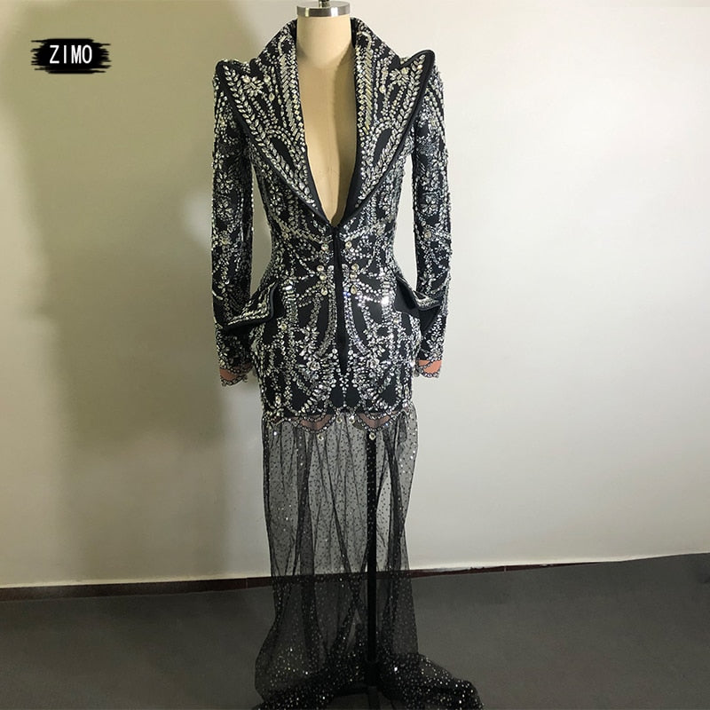 Fashion crystal rhinestone dress deep v neck sparkle black