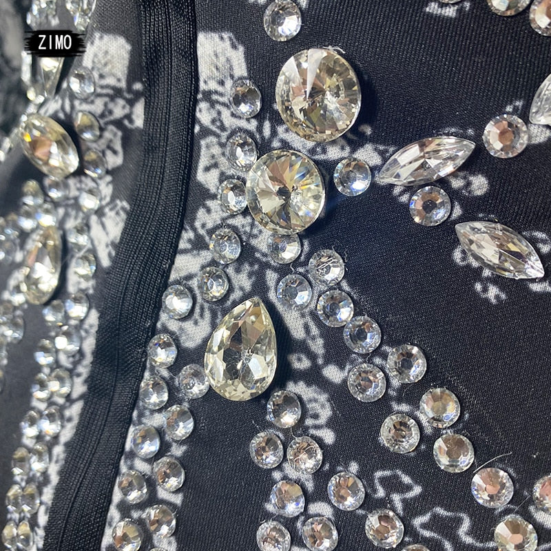 Fashion crystal rhinestone dress deep v neck sparkle black