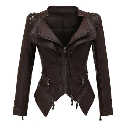 Women Smooth Motorcycle Faux Leather Jackets Long Sleeve