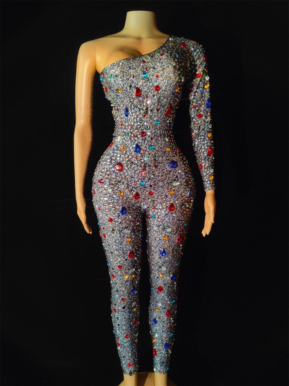 Rhinestones Jumpsuit long Sleeves Stretch Sexy Bodysuit