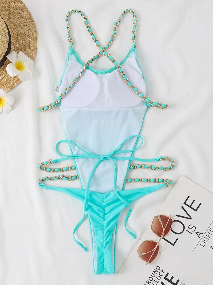 Chain One Piece Swimsuit Women Swimwear Backless Thong Brazilian