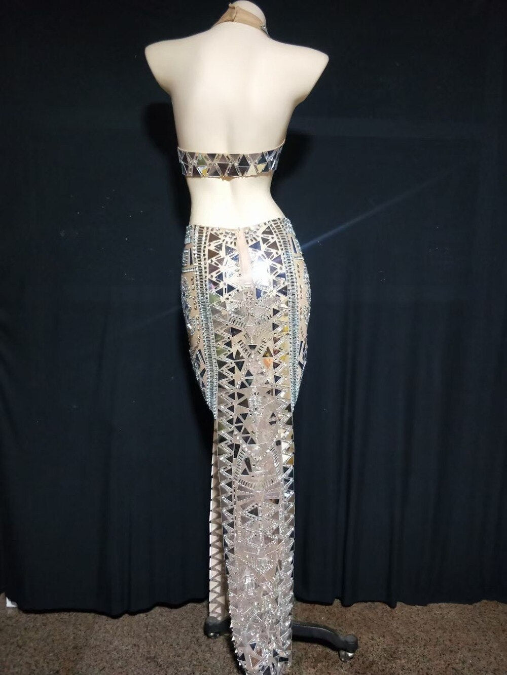 Sparkly Rhinestones Mirrors High Split Long Dress