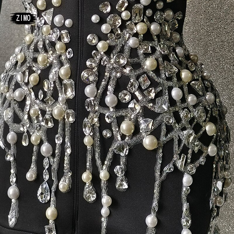 Fashion crystal rhinestone dress deep v neck sparkle black