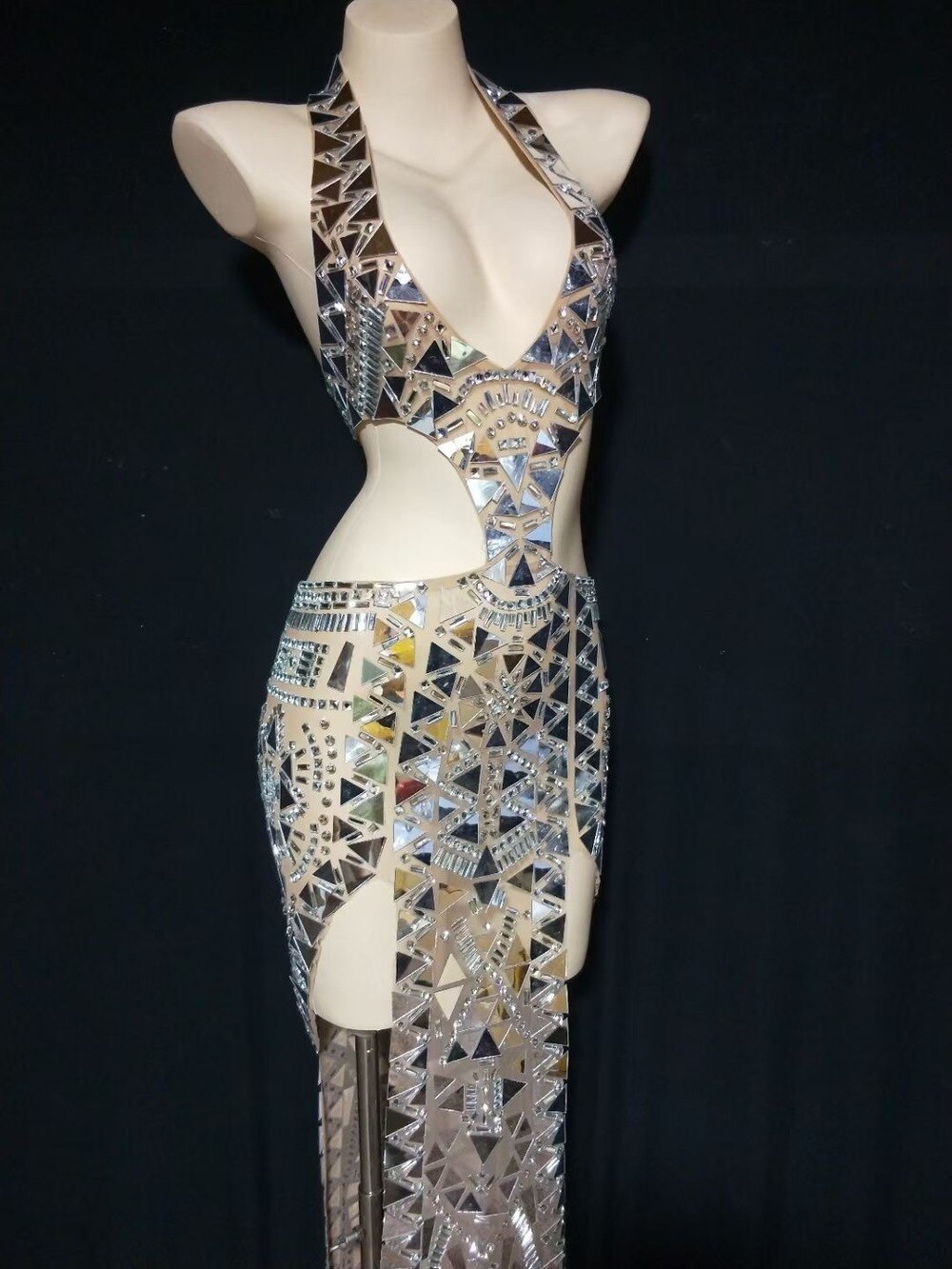 Sparkly Rhinestones Mirrors High Split Long Dress
