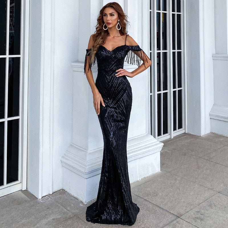 Elegant Off Shoulder Luxury Sequin Mermaid Dress Spaghetti Straps Silver Beading