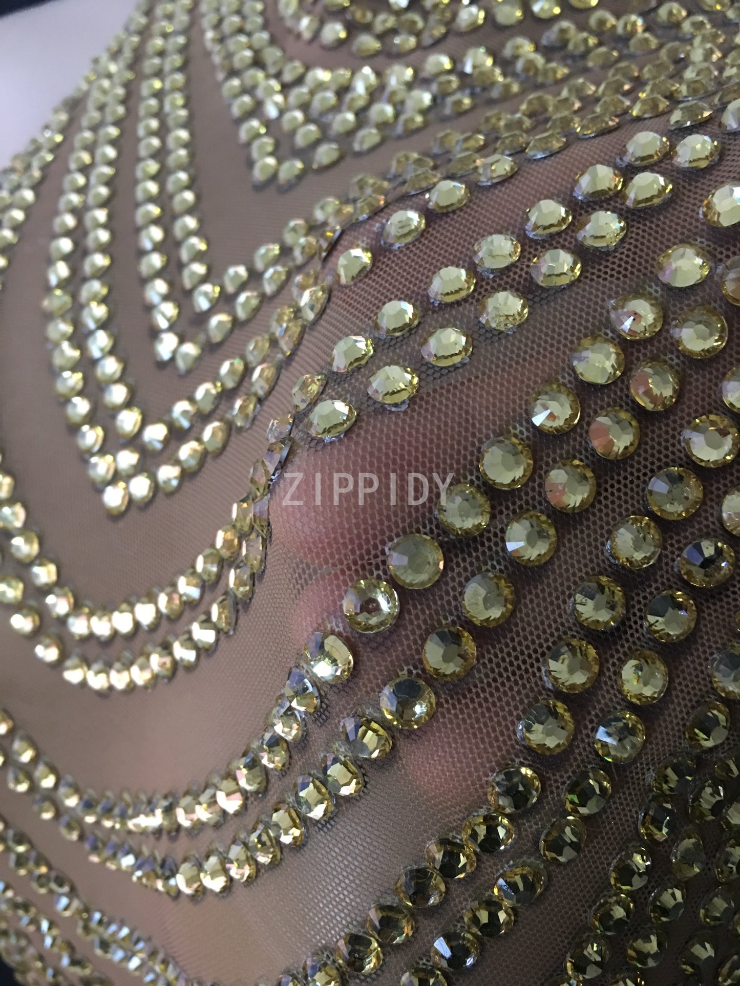 Gold Rhinestones Transparent Mesh Long Dress High Neck