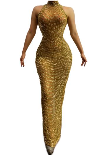 Gold Rhinestones Transparent Mesh Long Dress High Neck