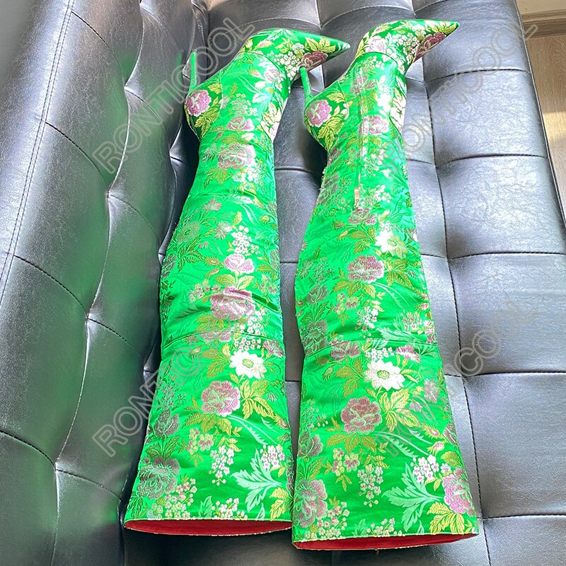 Boots Printed Floral High Heels Pointed Toe Gorgeous Green Yellow