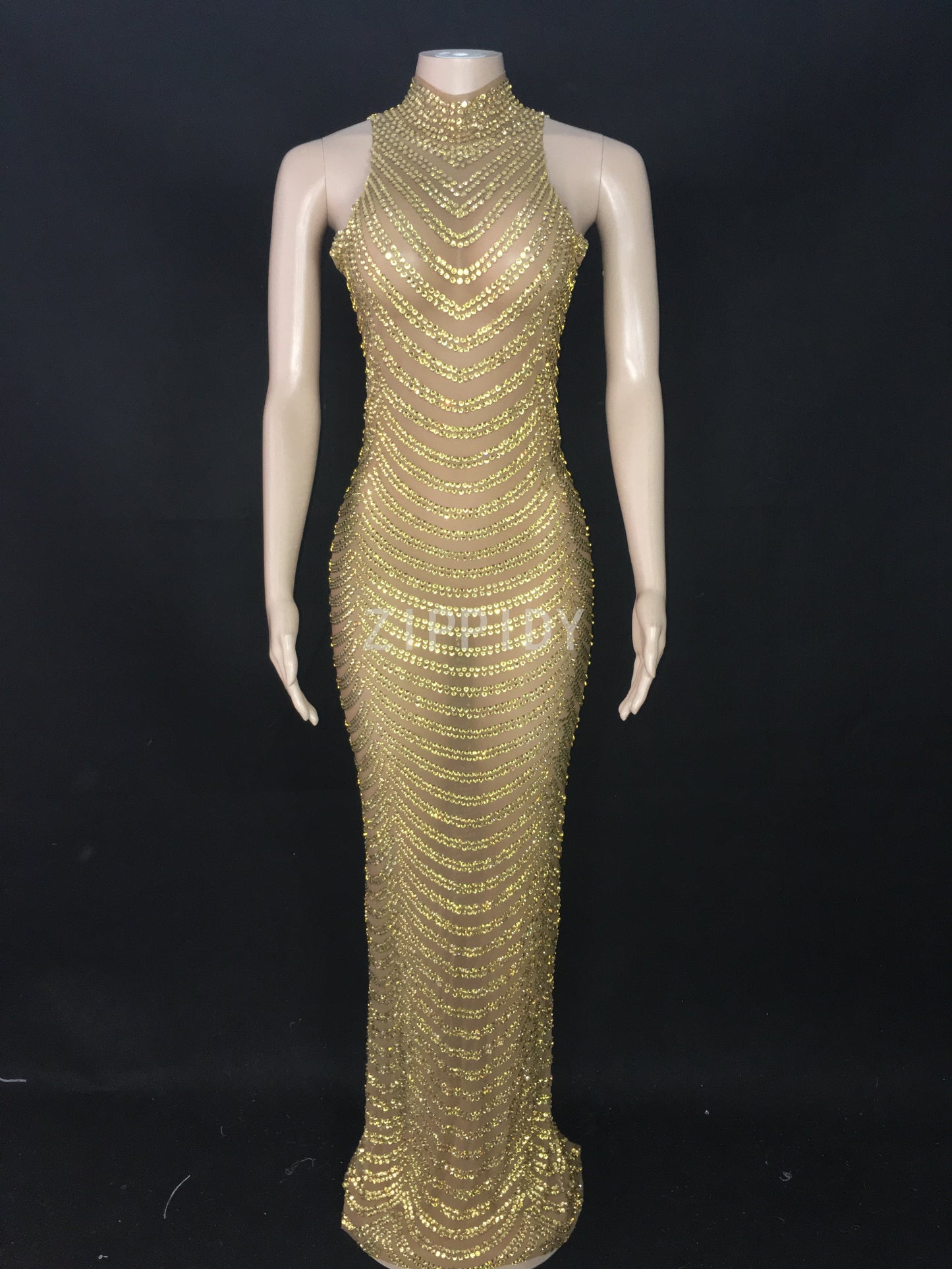 Gold Rhinestones Transparent Mesh Long Dress High Neck