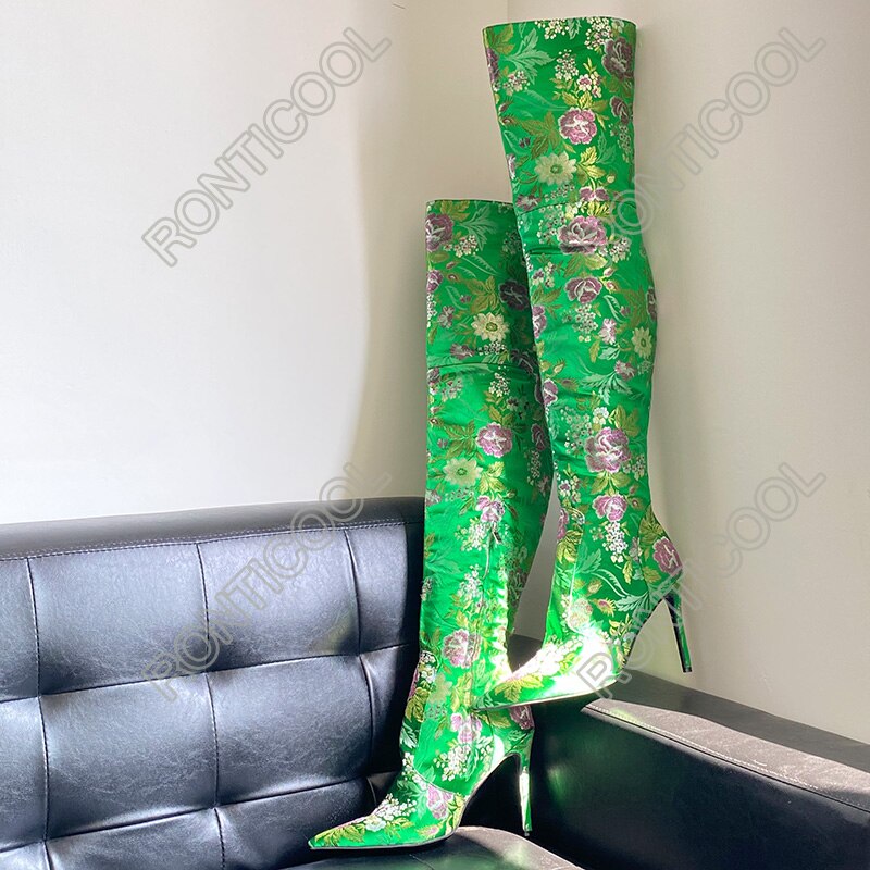 Boots Printed Floral High Heels Pointed Toe Gorgeous Green Yellow