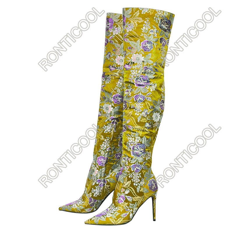 Boots Printed Floral High Heels Pointed Toe Gorgeous Green Yellow