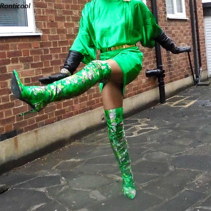 Boots Printed Floral High Heels Pointed Toe Gorgeous Green Yellow
