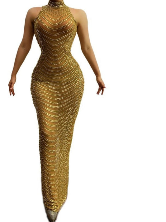 Gold Rhinestones Transparent Mesh Long Dress High Neck