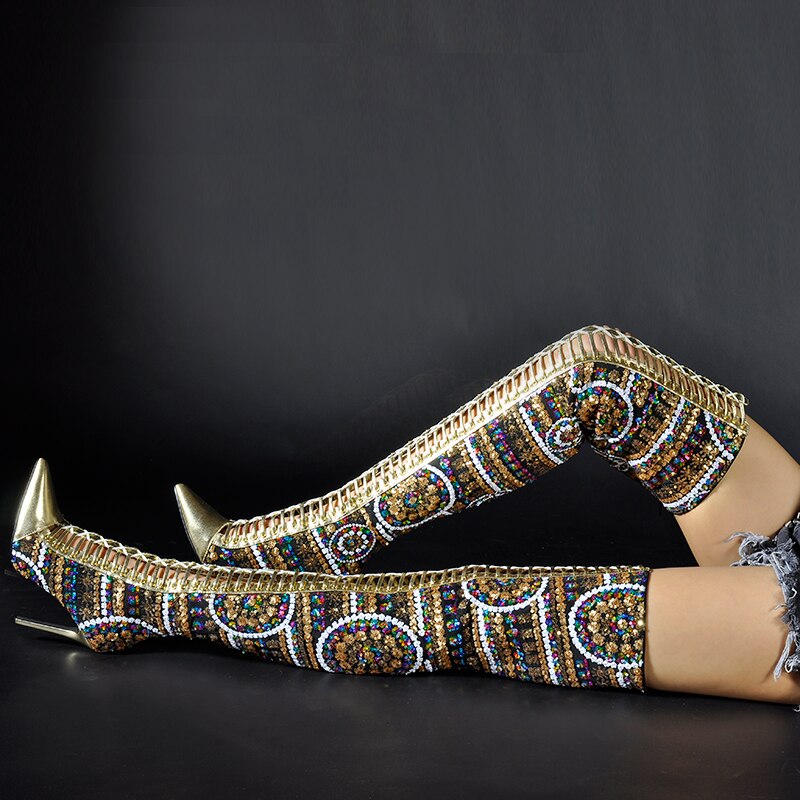 Pink Palms Shoes Shiny Sequined Over the Knee Thigh High Boots Cross