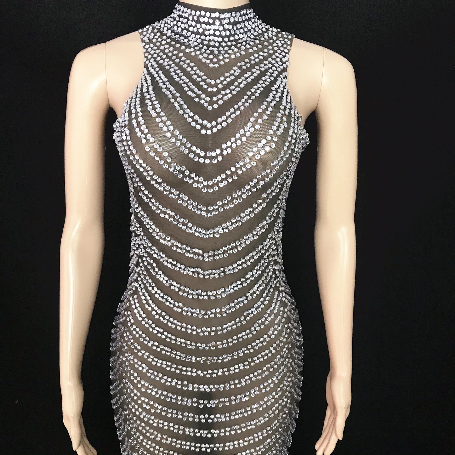 Gold Rhinestones Transparent Mesh Long Dress High Neck