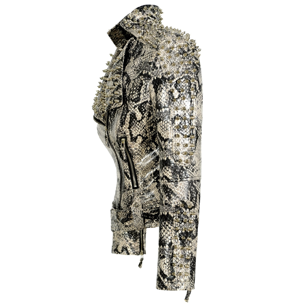 Leopard Print Zipper Studs Coat Lapel Collar Moto Belt Faux Leather Windbreak